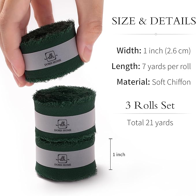 DORIS HOME Dark Green Chiffon Ribbon for Flower Bouquet, 1" x21Yd Fabric Ribbon for Gift Wrapping, Handmade Frayed Ribbon for Wedding Invitations/Christmas Decorations
