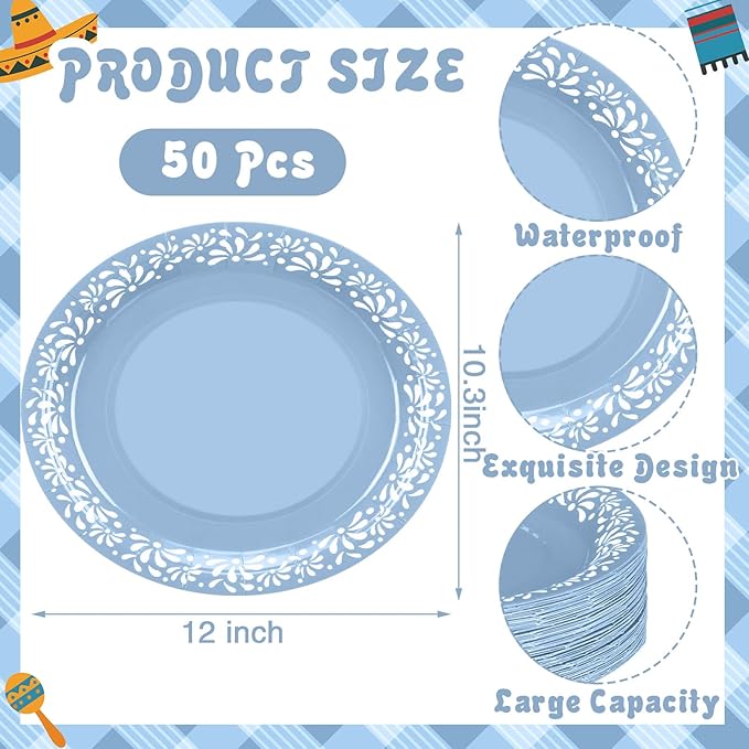 Yungyan 50 Pcs 12 Inch Blue Platos De Barro Cielito Lindo Plates Mexican Paper Plates Cielito Lindo Party Favors for Talavera Birthday Wedding Party Decoration