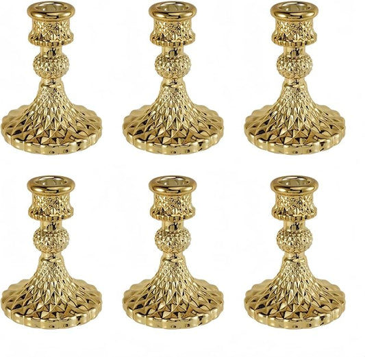 Glass Candlestick Holder,Striped Taper Candle Holders,Set of 6 Candle Stand for Table Centerpieces, Home Decor,Weddings,Festival and Parties (Gold Diamond)