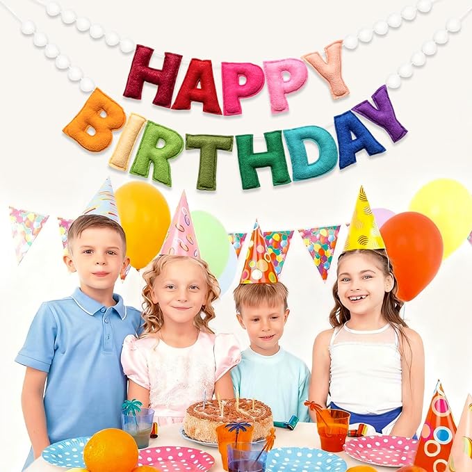 2Pcs Upgraded Pre-Strung Ultra-Soft Wool Felt Happy Birthday Banner Sign, Felt Ball Garland, Rainbow Theme Party Decorations, Reusable Colorful Birthday Garland for Party Decor, Room Decor, Photo Prop
