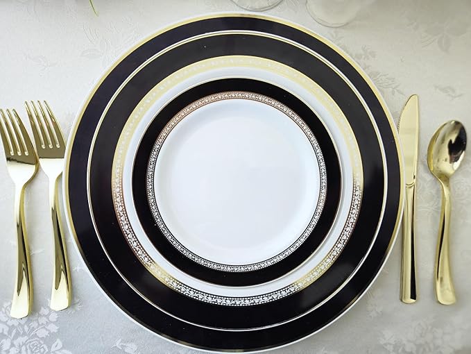" OCCASIONS " 120 Plates Pack,(60 Guests) Heavyweight Premium Wedding Party Disposable Plastic Plates Set -60 x 10.5'' Dinner + 60 x 7.5'' Salad/Dessert (Ritz Black and Gold)