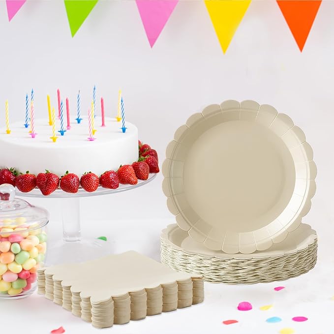 120 Pcs Ivory Paper Plates and Napkins Party Supplies, 7 Inch Cream Plates Scalloped Disposable Tableware for Bridal Baby Shower Wedding Birthday Party Decorations, Serve 60 Guests