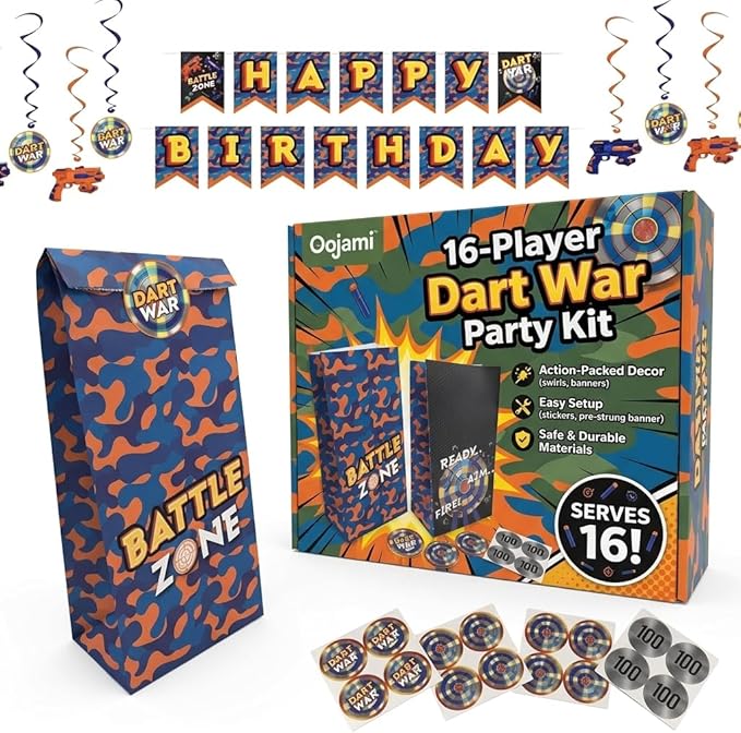 Serves 16 Dart War Party Supplies Includes 16 Treat Bags, 1 Happy Birthday Banner, 8 Swirls, 16 Stickers Ideal for Dart War theme Birthday Party