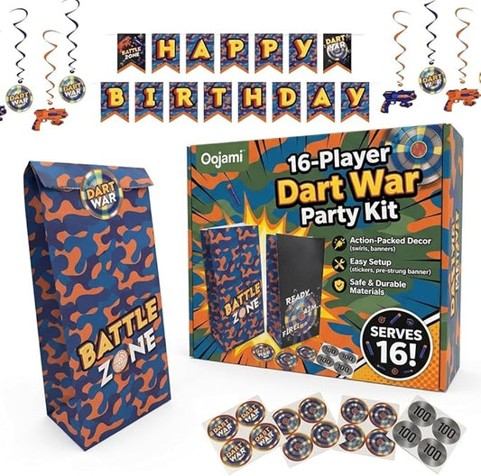 Serves 16 Dart War Party Supplies Includes 16 Treat Bags, 1 Happy Birthday Banner, 8 Swirls, 16 Stickers Ideal for Dart War theme Birthday Party