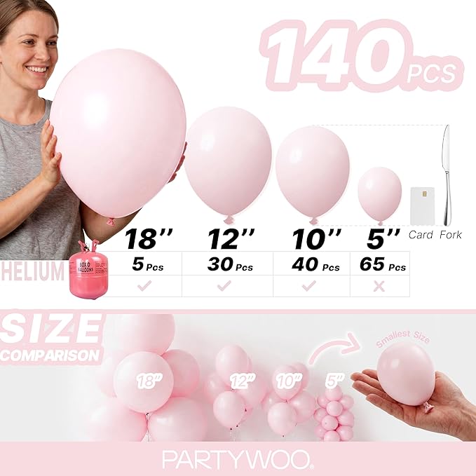 PartyWoo Pale Pink Balloons 140pcs Different Sizes of 18 12 10 5 Inch Light Pastel Baby Pink Balloon Arch Kit for Engagement Bachelorette Baby Shower Easter Birthday Party Decorations Pink-Q01