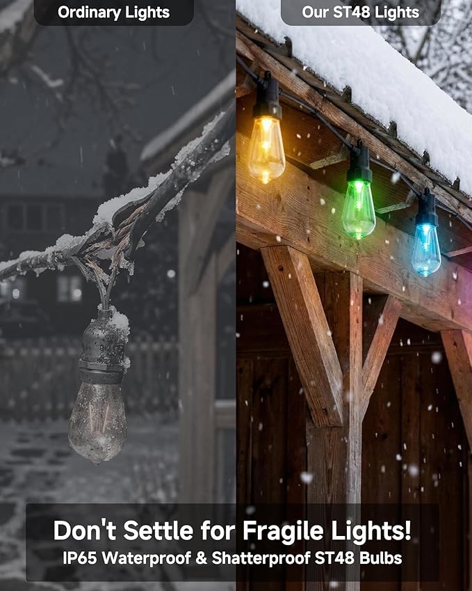 100FT Smart Outdoor String Lights, 2-Pack Color Changing ST48 Multi-color LED Patio Lights with Magic Lantern App, IP66 Waterproof Shatterproof Hanging Decor Lights for Large Backyard Garden