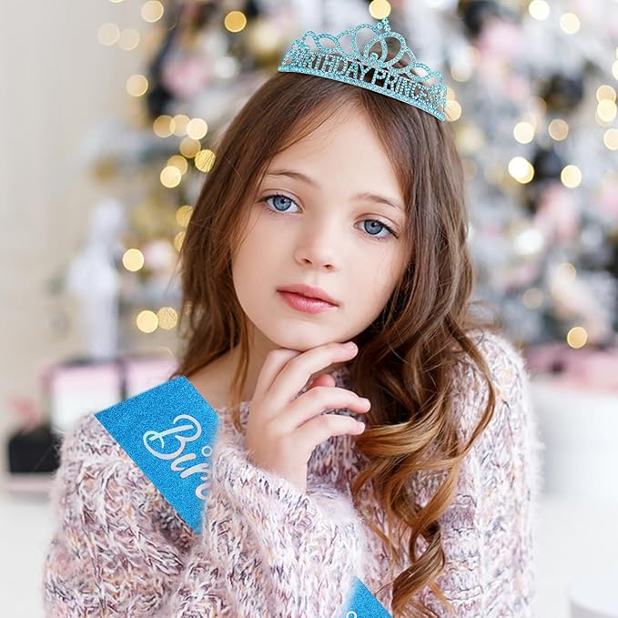 CAVETEE Princess Crowns and Sashes for Girls & Women - Birthday Party Decorations Set