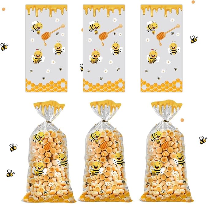 iNINGER 50 Pcs Little Bee Cellophane Treat Bags with Twist Ties, Sweets Gift Bags for Girls Children Party Favors,Small Sweet Bags for Candy,Colorful Goodie Bags for Baby Shower Birthday Decoration