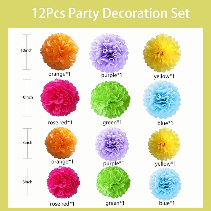 12 Pcs Tissue Paper Pom Poms Flowers for Birthday Party Mexican Party Fiesta Classroom Playroom Festive Decorations