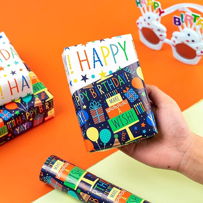 MAYPLUSS Reversible Birthday Wrapping Paper Mini Roll - 17In x 32.8Feet - Colorful Happy Birthday Lettering,Cake,Candle Pattern Kid Boys Party Gift Wrap Present Paper for Baby Shower, Holiday