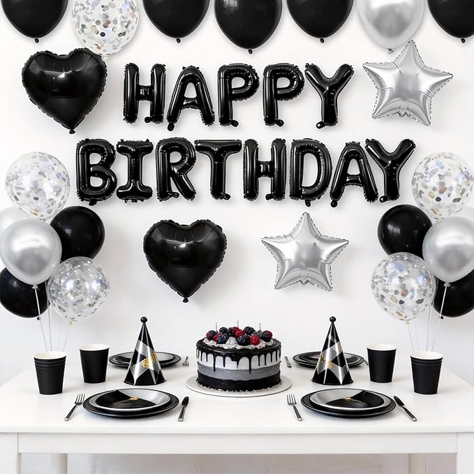 Black and Silver Birthday Decorations,Black and Silver Balloons Happy Birthdays Banner Balloon Heart and Star Foil Balloons for Men Boy Birthday Baby Shower Party Decorations