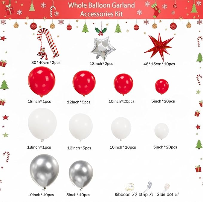 Christmas Party Decorations with Red White Silver Balloon Garland Arch Kit & small Star Candy Cane foil Balloons for 2026 Winter wonderland baby shower Xmas friendsmas new years eve Party Decorations