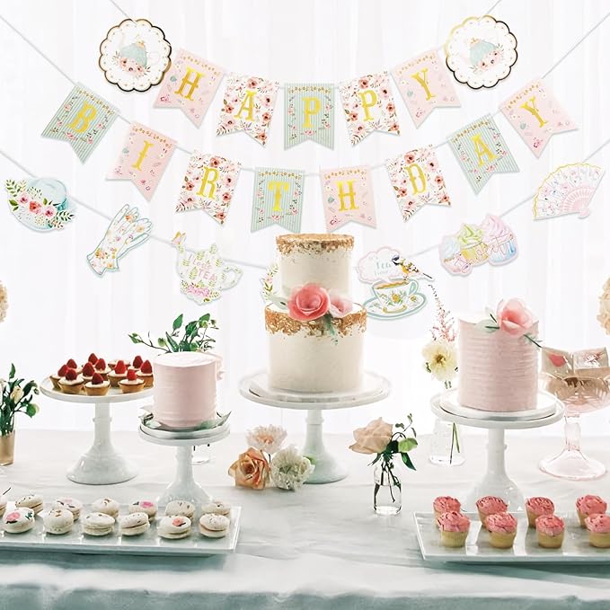 SUNBEAUTY Floral Tea Party Birthday Decorations Tea Happy Birthday Banner Floral Garland Birthday Hanging Banner for Baby Bridal Shower Spring Garden Tea Party Decorations | Pre-Strung