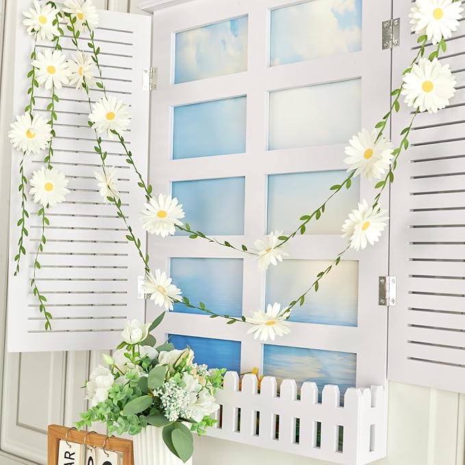 2PCS Daisy Flower Garlands, Daisy Banner Garland White Flower Hanging Garland Banner Groovy Hippie Boho Birthday Decorations for Nursery Wedding Decor