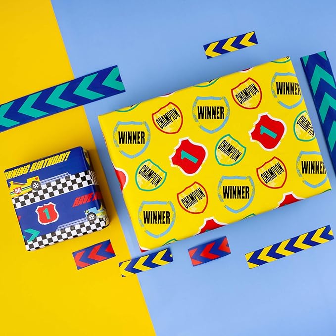 WRAPAHOLIC Birthday Wrapping Paper Roll - Mini Roll - 4 Rolls - 17 Inch X 120 Inch Per Roll - Cool Racing Cars and Autodrome Print for Birthday, Party, Baby Shower Packing