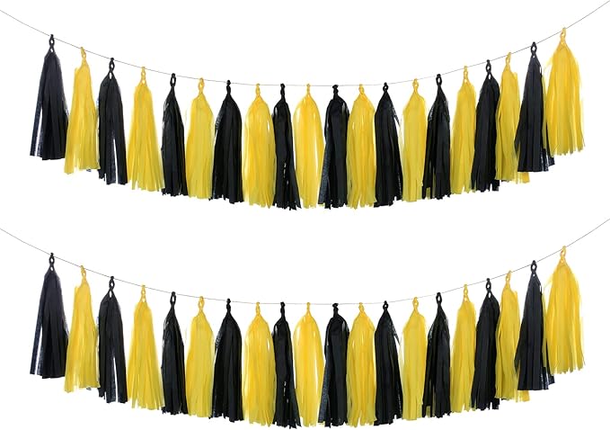 Guzon 20pcs Yellow Black Tissue Paper Tassel Garland DIY Hanging Paper Decorations for for Bee Day Party Batman Birthday Graduation Baby Shower