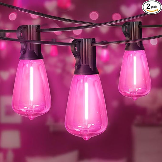 LAMPHOME 2-Pack 26Ft ST38 Pink Valentine's Day Patio Lights ，Outdoor String Lights with 12+1 ST38 Edison Bulbs, Shatterproof LED Lights for Outside Bistro Christmas Wedding Party Decorations