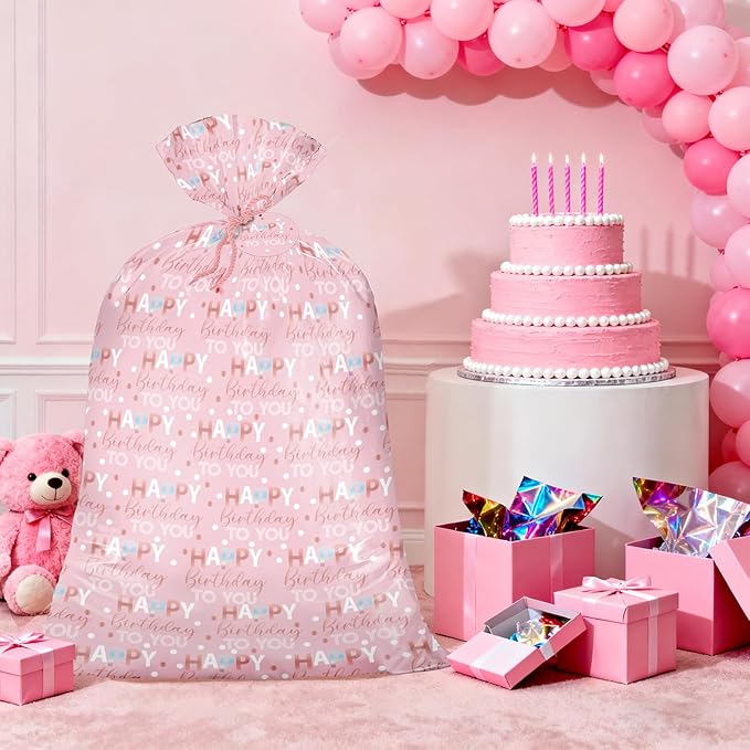 WRAPAHOLIC 56" Extra Large Birthday Plastic Gift Bag - Pink Sweet Blessings Jumbo Bike Bag Gift Wrap for Women Girls Birthday, Baby Shower, Wedding, Bridal Shower - 56" H x 36" W