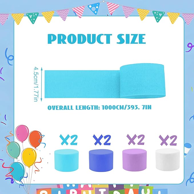Blue White Crepe Paper Streamer 8 Rolls 32ft Winter Princess Party Supplies Frozen Backdrop Birthday Baby Shower Decoration(1.77inx32ft)