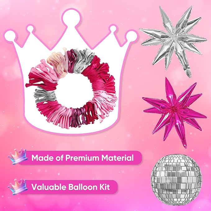 145Pcs Princess Pink and Silver Valentines Balloon Garland Arch Kit, Hot Pink Confetti 4D Star Disco Ball Crown Balloons for Girls Women Bridal Baby Shower Makeup Bachelorette Birthday Party Decors