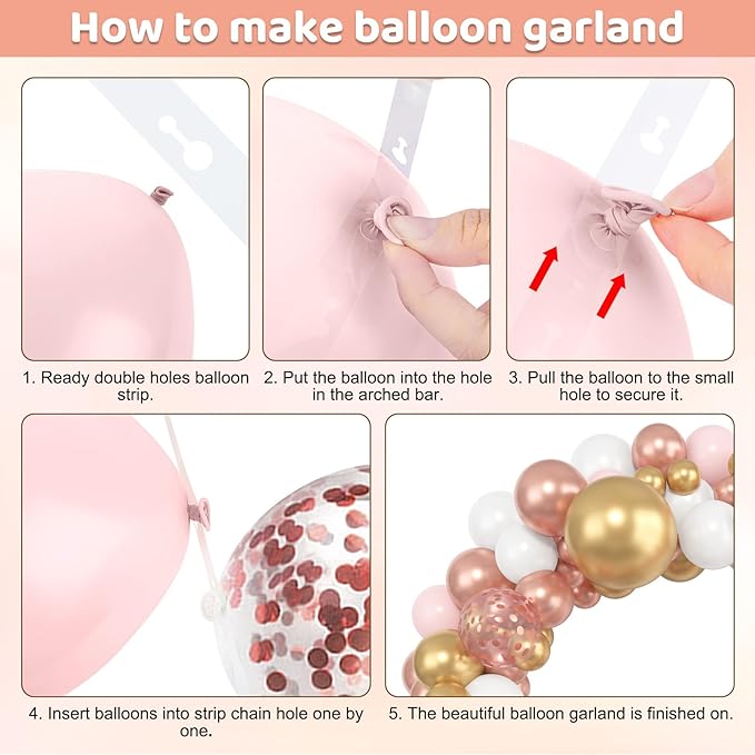 Amandir 153pcs Rose Gold Balloon Garland Arch Kit, Different Sizes 18 12 10 5 inch Pink White Gold Latex Metallic Confetti Balloons for Girls Graduation Birthday Bridal Baby Shower Party Decorations