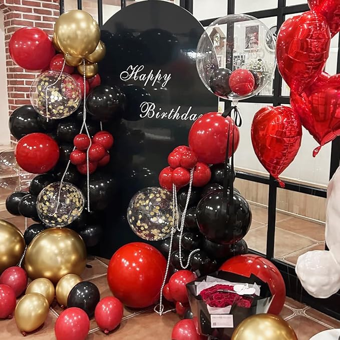 MEBAY 155Pcs Red Black Gold balloons Garland Arch Kit with Gold Confetti Balloons for Graduation Anniversary Casino Night Hollywood New Years Movie Night Birthday Decorations