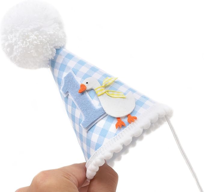 One Funny Goose Birthday Hat - Goose 1st Birthday Decorations, Blue Gingham 1st Bday Party Hat for Boys, One Goosie First Bday Crown