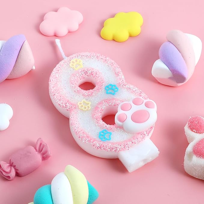 AKURIEEY Dog and Cat 8th Birthday Candle Pink Numbers 8 Candle Paw Cake Topper Cupcake Decorations for Pet Theme Party Decor Anniversary Celebrations Supplies