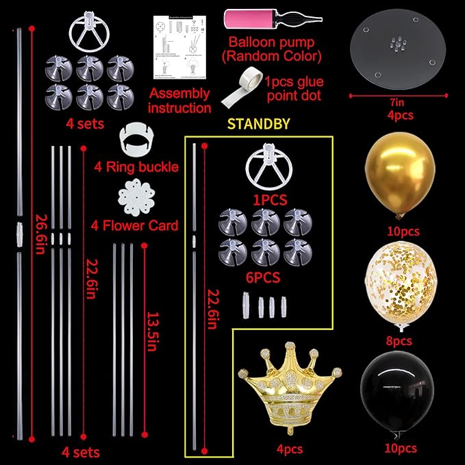 TONIFUL Table Centerpiece Balloons Stand Kit Include Black Gold Latex Confetti Balloons and Foil Crown Balloon for Birthday 2025 Graduation Anniversary Halloween New Year's Eve Party Decoration