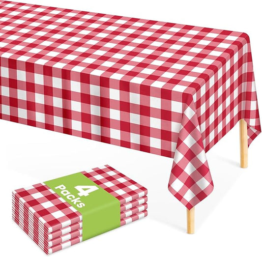Mulbozy 4 Pcs Red Checkered Tablecloth 54 ×108 Inches Rectangle Red Gingham Tablecloth Disposable Plastic Waterproof Table Cover for Outdoor Picnic, Kitchen, Holiday Birthday Party
