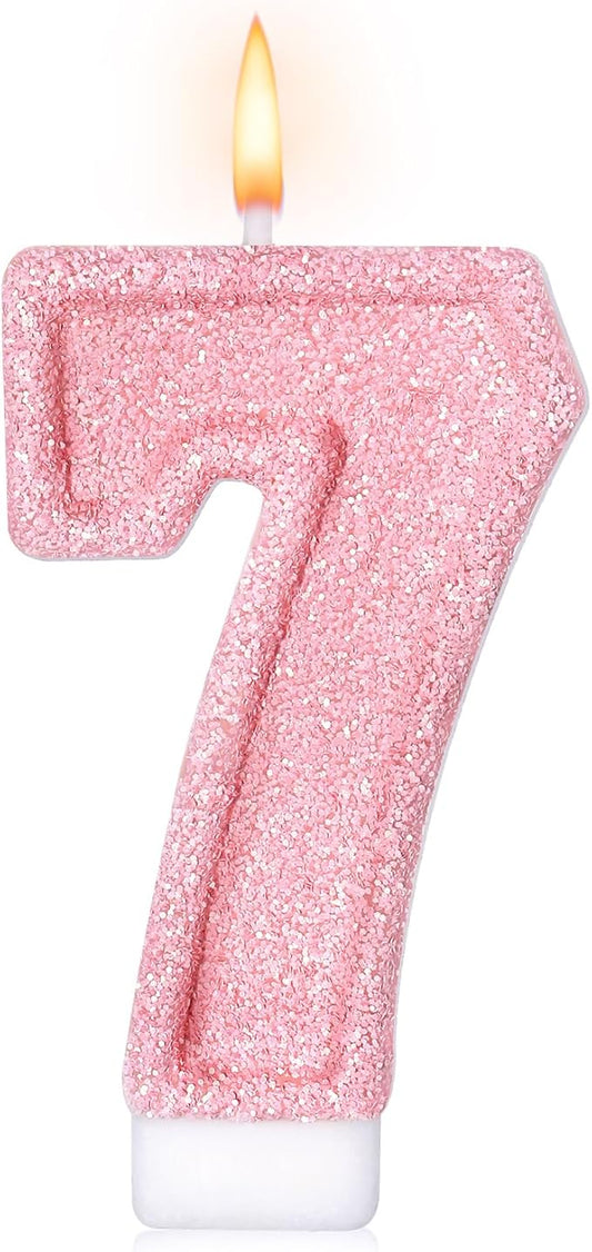 Cute Number 7 Birthday Candle, Glitter Pink Number Candles, Birthday Cake Topper Decoration, Party Supplies Anniversary Celebrations