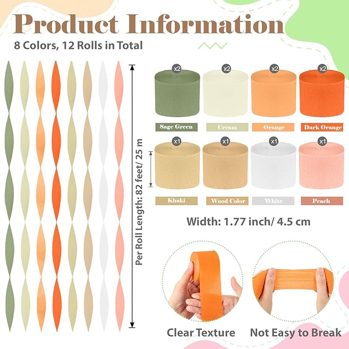 Epakh 12 Rolls Sage Green/Orange Crepe Paper Streamers (984ft) - Little Cutie Baby Shower Party Decorations, Natural Birthday Supplies, Sage Green and Orange Baby in Bloom Theme Party Decor