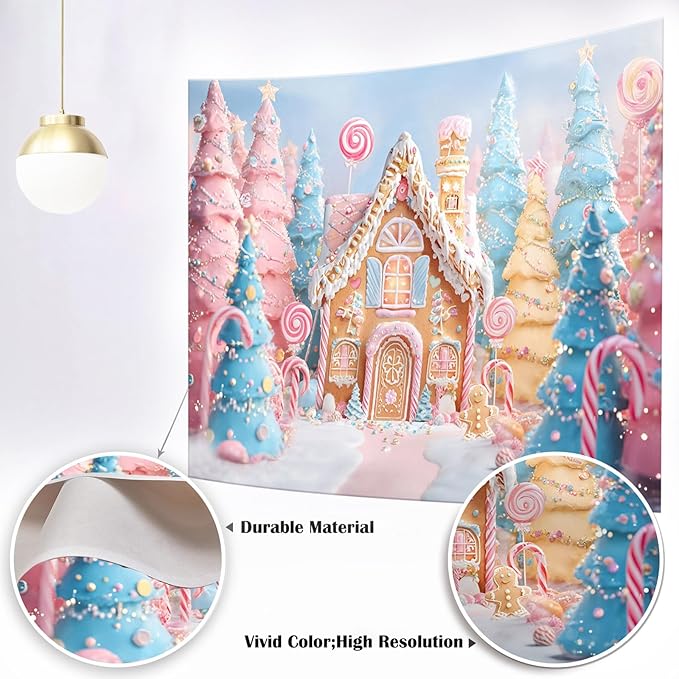 Mocsicka Christmas Candy House Backdrop Pink Candy Gingerbread Background for Photography Xmas Sweet Baby Shower Birthday Candyland Merry Christams Party Supplies (Pink, 12x10ft(144"x120"))