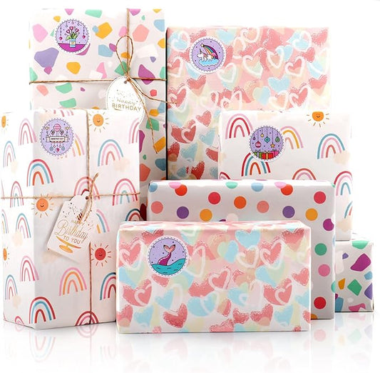 MAMUNU 8 Sheets Gift Wrapping Paper Set, Rainbow Birthday Wrapping Paper for Girls, Wrapping Paper Sheets with Gift Tags and Stickers for Woman Kids Birthday, Baby Shower, Wedding, Valentine's Day, Easter, 20 x 28 Inch