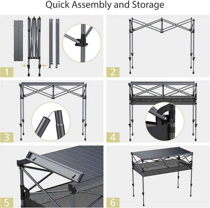 Anbte 34.2” Tall Camping Table Foldable, 2 Adjustable Height Large Roll Up Camping Table Support 264lbs with Storage Basket and Bag, Waterproof, for Travel BBQ Outdoor Patio, 39.4” x 19.7”, Black