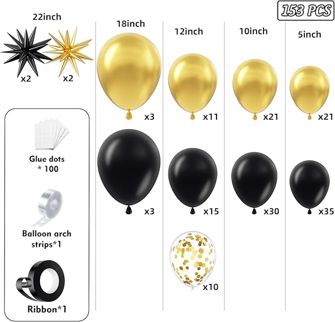 Black and Gold Balloon Arch Garland Kit 153pcs with Star, 22 18 12 10 5in Different Size Black and Gold Confetti Latex Balloons for Birthday Anniversary Graduation New Year Party Decoration