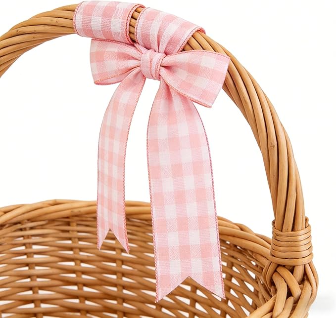 Meseey 4 Inch Pink White Buffalo Plaid Burlap Wired Ribbon 10 Yards Farmhouse Tartan Check Wired Edge Ribbon for Decor Crafts