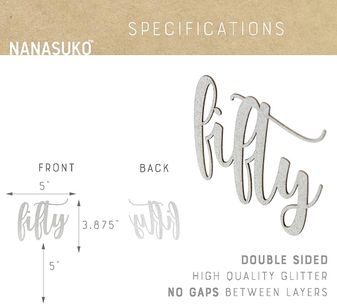 50th Birthday Cake Topper - fifty - Double Sided Silver glitter - Premium quality Made in USA