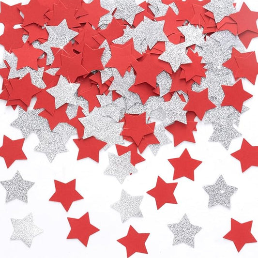 Red Silver Star Confetti Table Decoration for Birthday Retirement Graduation Winter Bachelor Party,1.2 inch in Diameter,200 Counts