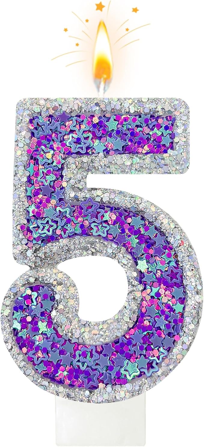 K-pop Number 5 Birthday Candle, Star Glitter Filled Number Candle, Purple Silver Fantasy Cake Topper for Birthday Party Decoration