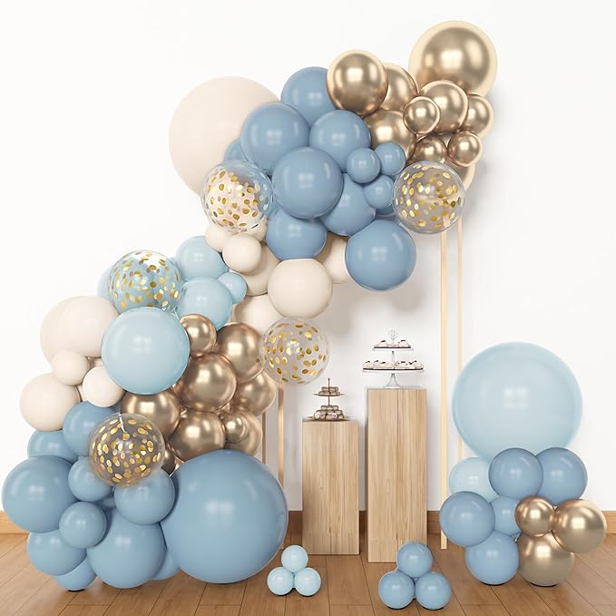 Amandir 153pcs Dusty Blue Balloon Garland Arch Kit, Different Sizes 18 12 10 5 inch Blue White Sand Latex Metallic Confetti Gold Balloons Baptism Birthday Boho Baby Shower Party Decoration Supplies