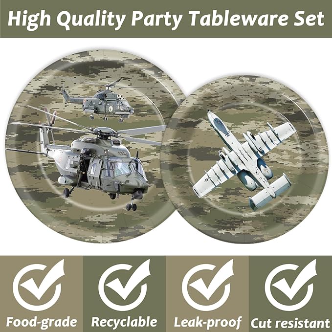 Camo Army Birthday Party Supplies Army Party Paper Plates And Napkins Camouflage Party Tableware Army Soldier Camouflage Party Disposable Dinnerware for Birthday Baby Shower Party Decoration Serve 24