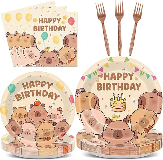 96Pcs Capybara Birthday Party Decorations Capy Birthday Tableware Set Cute Cartoon Animals Disposable Paper Plates Napkins Capybara Party Supplies for Kids Baby Shower Favors Table Decor Serves 24