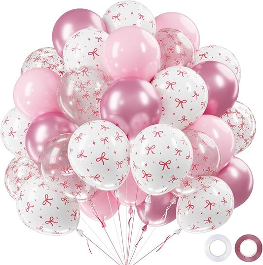 Netnology Pink Bow Balloons, 60Pcs 12 Inch Light Pink Metallic Pink Clear White Bow Balloon for Girls Women Princess Coquette Birthday Baby Shower Bridal Shower Wedding Bachelorette Party Decorations