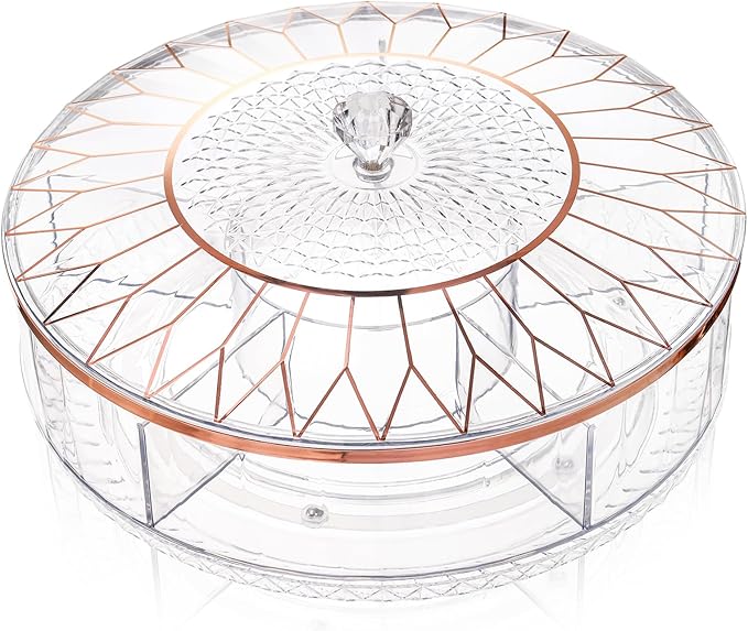 AVLA Rotating Snack Tray with Lid, 11.5" Plastic Divided Serving Dishes, Round Appetizer Platter, 6 Compartments Food Storage Organizer for Dried Fruits, Nuts, Candies, Veggie, Cookies(Clear)