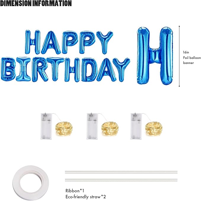 CANREVEL Happy Birthday Banner 13pcs 16 Inch Mylar Foil Letters Sign Balloons with LED Lights Birthday Party Decorations for Kids and Adults - 3D Blue