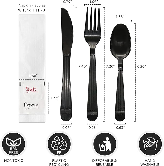 Party Essentials Individually Wrapped Plastic Cutlery Packets/Heavy Duty Silverware Kits, Fork/Spoon/Knife/Napkin/Salt/Pepper, 50 Utensils Sets, Black