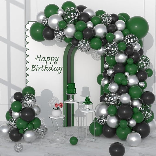 Black Green Silver Balloon Garland Arch Kit, 122PCS Black Dark Green Metallic Silver Confetti Balloon for Wild Animal Birthday Baby Shower Jungle Football Camo Video Gamer Graduation Party Decoration