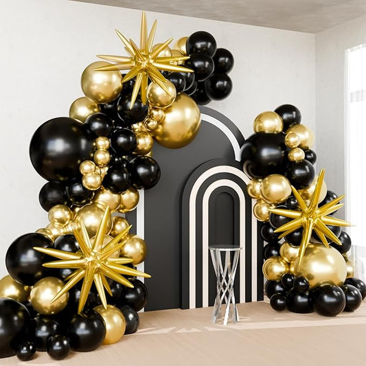 Black and Gold Balloons with 3pcs Starburst Balloons, 5 10 12 18 inch Black and Gold Balloons Garland Arch Kit for Birthday, 2026 New Years, Graduation and Anniversary Decorations Supplies