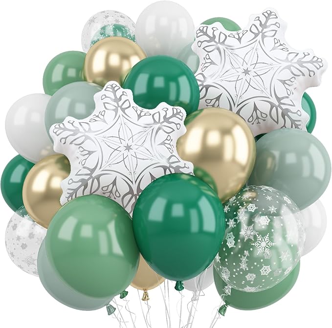 Winter Wonderland Balloon, Dark Sage Green Pastel Green White Metallic Gold Xmas Latex Balloons with Snowflake Foil Balloon for Christmas Winter Onederland Forest Birthday Baby Shower Decorations